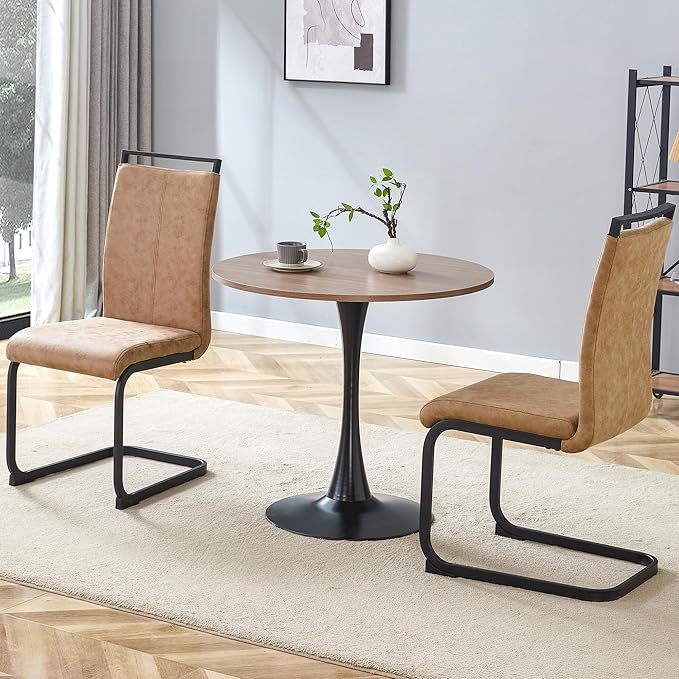 32" Round Dining Table Set for 2, Indoor Bistro Table and Chairs Set of 2, Breakfast Table Set with Leather Upholstered Chairs, Ideal for Apartment,Kitchen, Office, Save Space(Black)