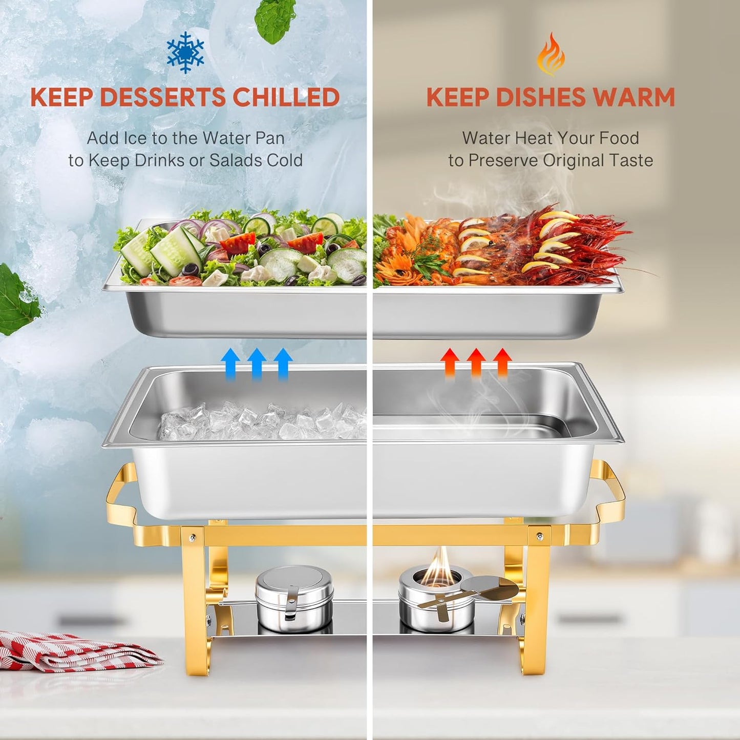 WILPREP Chafing Dish for Buffet, 9 qt Chafer and Buffet Warmer Set with Full Size Food Pan & Foldable Frame, Food Grade Stainless Steel Food Warmer for Parties Buffets Banquets Dinners, Gold & Silver