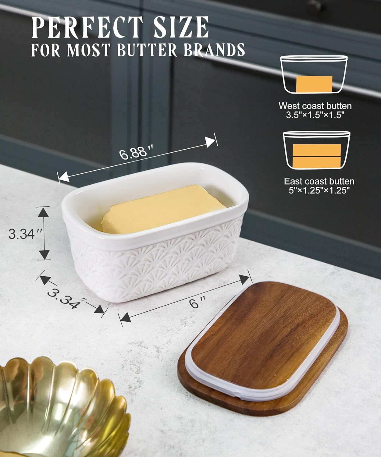 Nucookery Ceramic Butter Dish, Embossed Butter Keeper with Wood Lid for Countertop, Butter Holder and Container with Double Silicone Seal (Fan Pattern)
