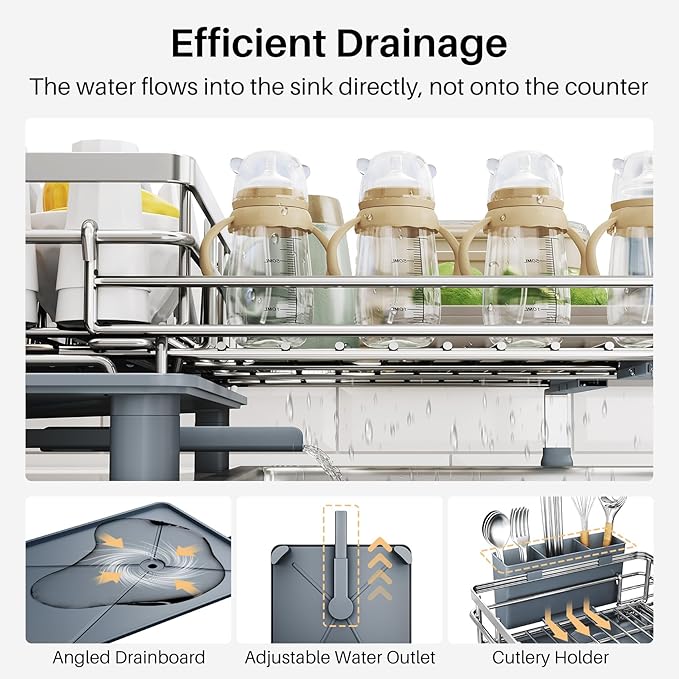 SNTD Dish Drying Rack - Extendable Dish Rack, Large Sink Drying Dish Drainer for Kitchen Counter, Stainless Steel Dish Strainer with Utensil Holder (Silver)