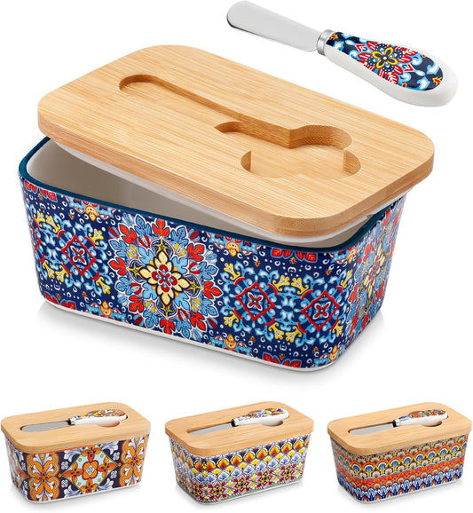 vancasso SIMI Butter Dish with Lid, 6.5" Large Butter Dish for Countertop, Bohemian Ceramic Butter Keeper Container with Knife and Bamboo Lid, Butter Holder for Counter, Twilight Bloom
