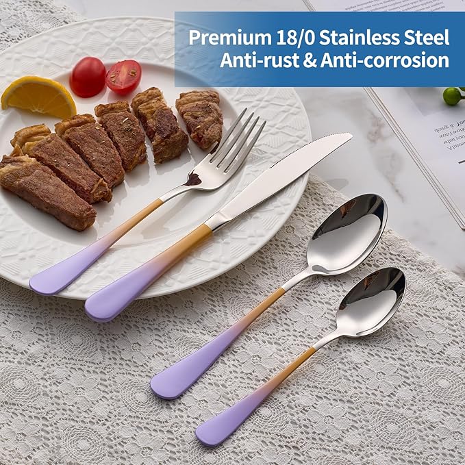 20-Piece Purple&Orange Silverware Set,18/0 Stainless Steel Colorful Handle Flatware Set, Service for 4, Modern Cutlery Set Includes Dinner Knives Forks Spoons, Mirror Polished,Dishwasher Safe