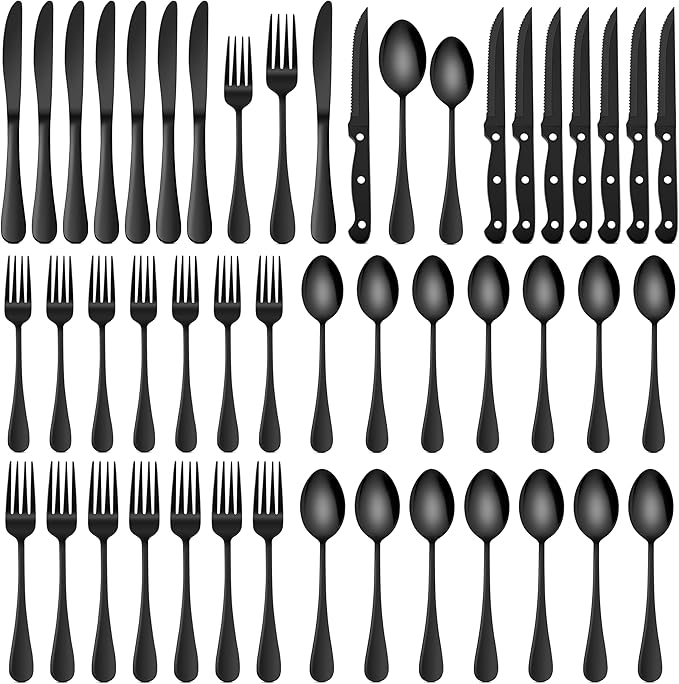 HaWare 48-Piece Black Silverware Set with Steak Knives, Stainless Steel Cutlery Set, Food Grade Flatware Set Service for 8, Mirror Finished Tableware for Home Restaurant, Include Knives, Forks, Spoons