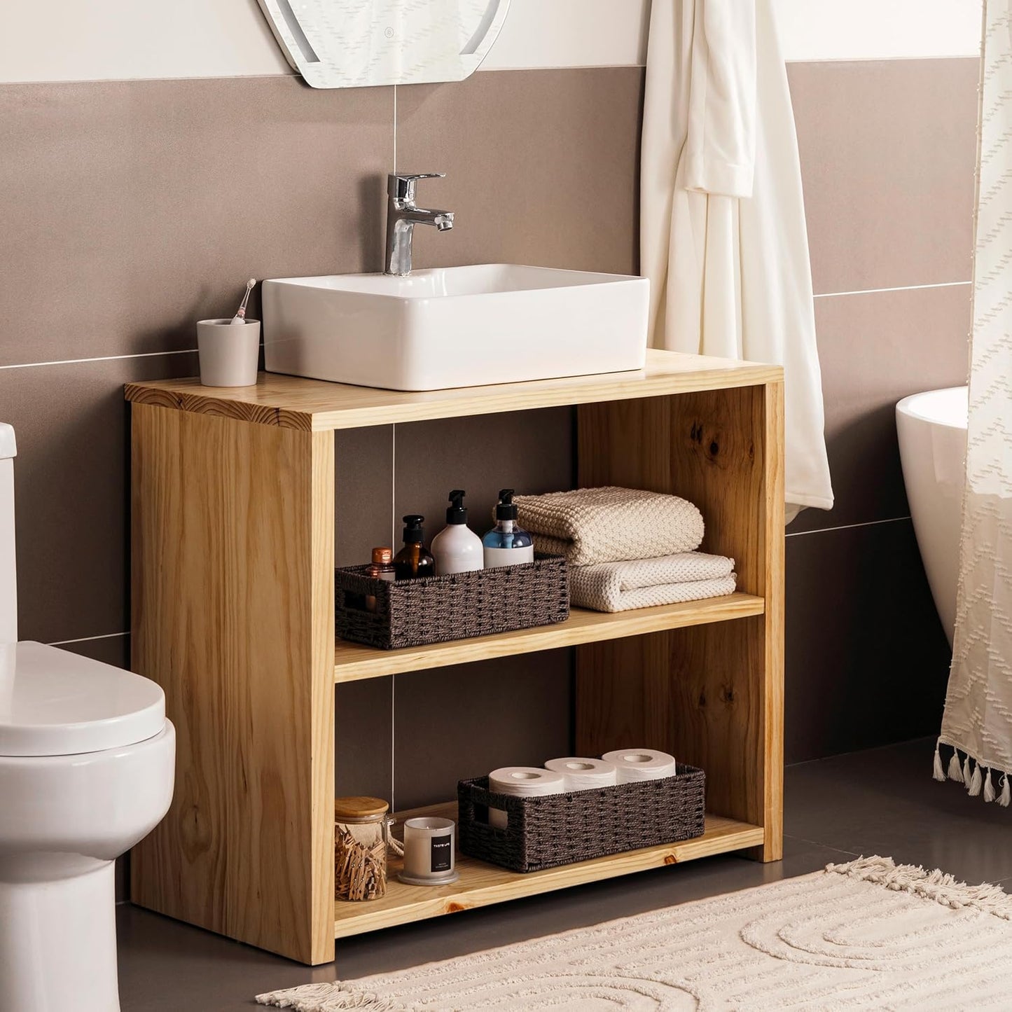 UBBCARE Toilet Tank Basket for Bathroom, Hand Woven Paper Wicker Basket for Organizing, Countertop Decorative Storage Basket with Handles, 2-Pack, Dark Brown