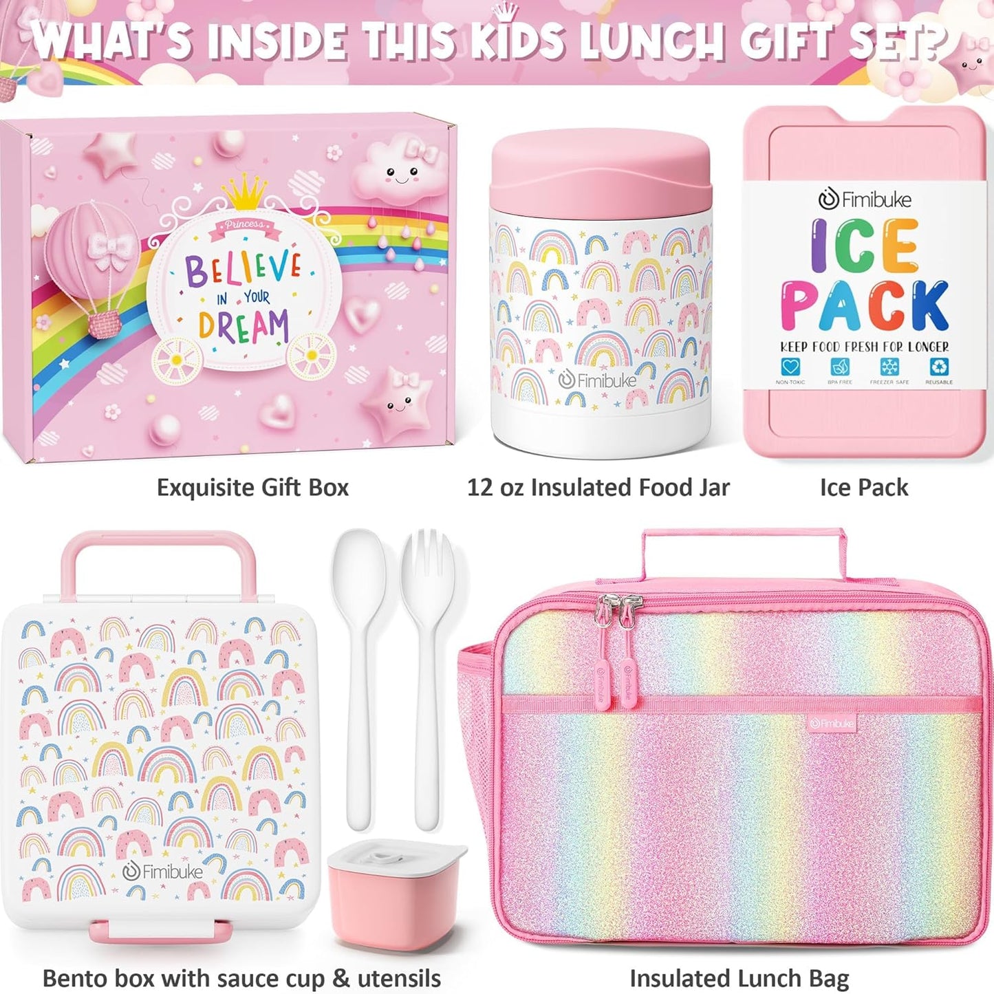 Fimibuke Kids Bento Snack Lunch Box with 4 Compartment, Insulated lunch Bag, Stainless Steel Vacuum Thermos Food Jar, Ice Pack, Utensils Set, Birthday Gift for Age 3-12 Back to School Toddler Girl Boy