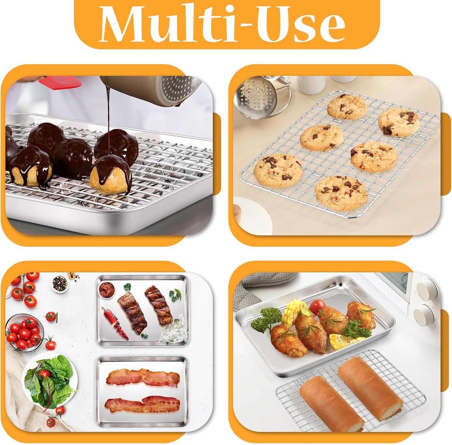 TeamFar Toaster Oven Pan with Rack Set, 9 x 7 x 1 Inch Stainless Steel Mini Baking Pan Tray with Grid Rack for Baking Roasting Cooling, Non-Toxic & Heavy-Duty, Dishwasher Safe, (2 Pans + 2 Racks)