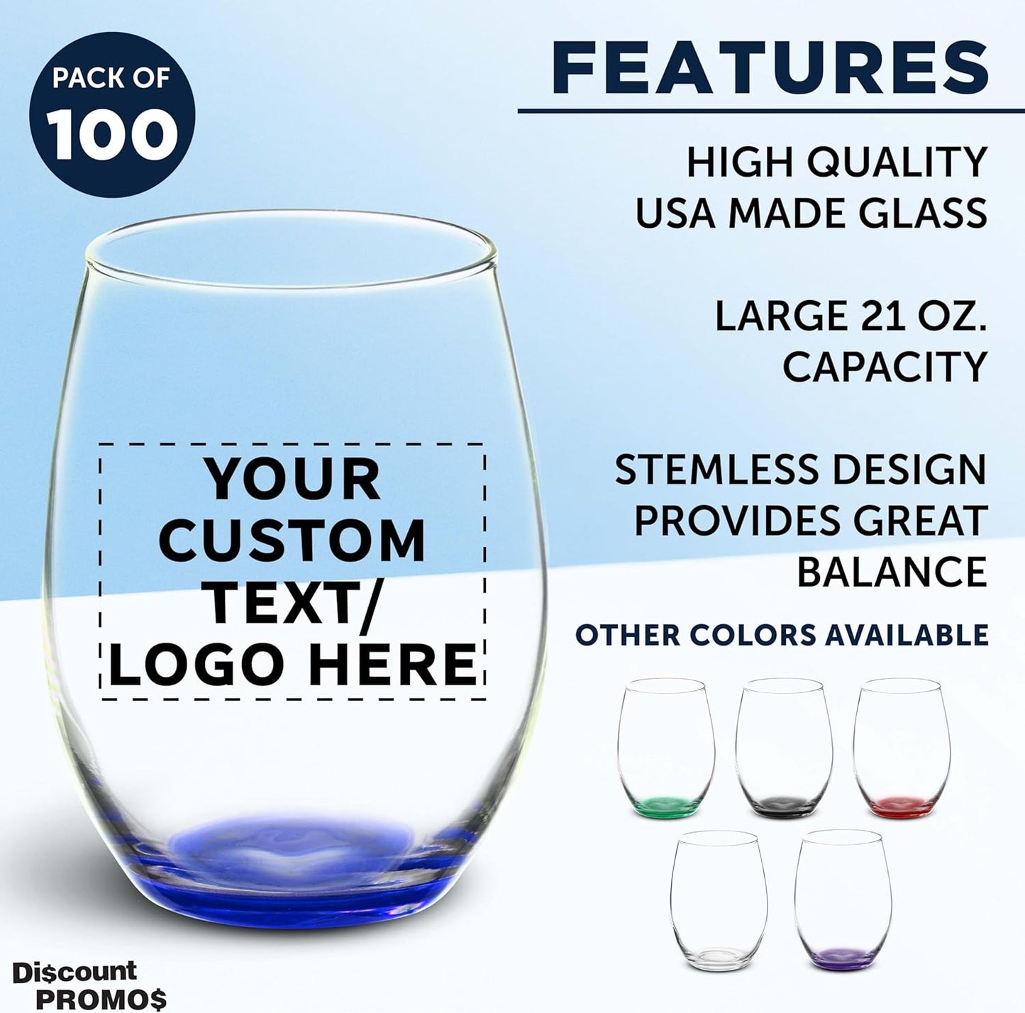 DISCOUNT PROMOS 100 ARC Stemless Wine Glasses Set, 21 oz. - Customizable Text, Logo - Chardonnay, Cabernet, Merlot, Sauvignon - Blue