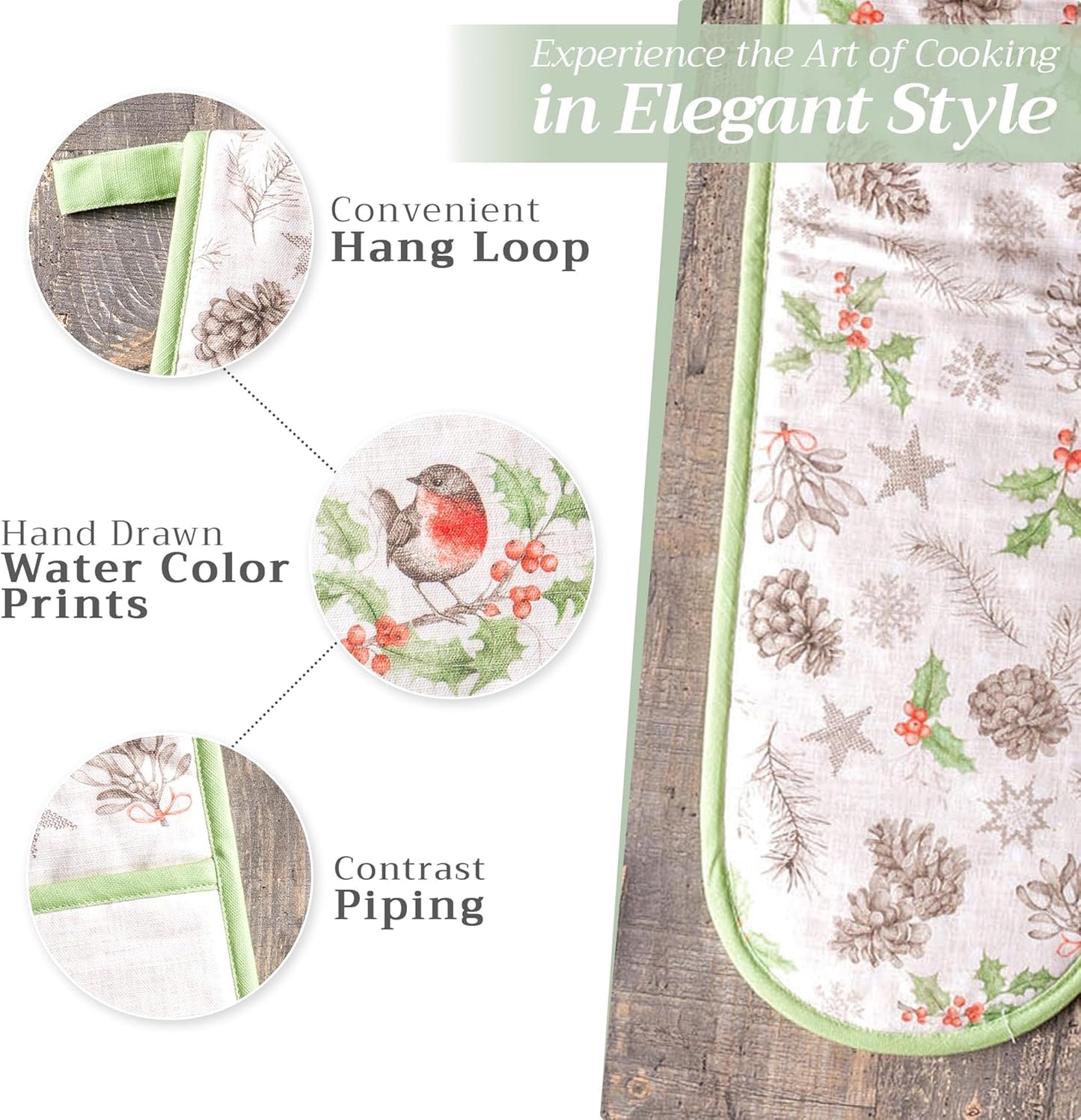 Maison d' Hermine Double Oven Mitts 100% Cotton 7"x35" Double Oven Mitt Heat Resistant BBQ Cooking Gloves with Loop, Baking, Grilling, Home, Kitchen, Handling Hot Pans (Christmas Dew)