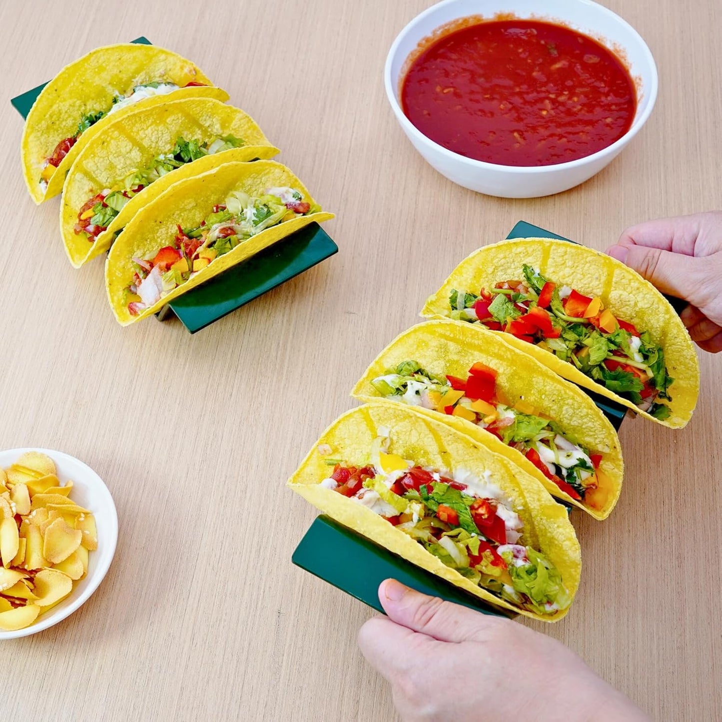 TP Taco Holder Stands, Set of 2 Melamine Large Taco Serving Rack Tray with Handle, Holds 3 Tacos, Dishwasher Safe, Ideal for Taco Night, Party, Home, Fiesta, Green