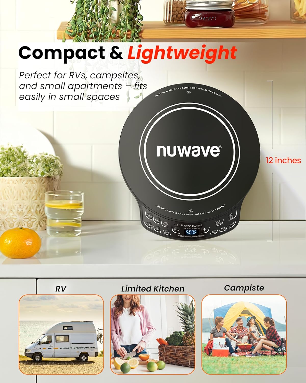 Nuwave Portable Induction Cooktop Diamond with Probe, Advanced Countertop Burner, 91 Temps from 100°F to 500°F, 12”Shatter-Proof Ceramic Glass & 6.5”Heating Coil, Ideal for RV Camp,Small Apt,Travel