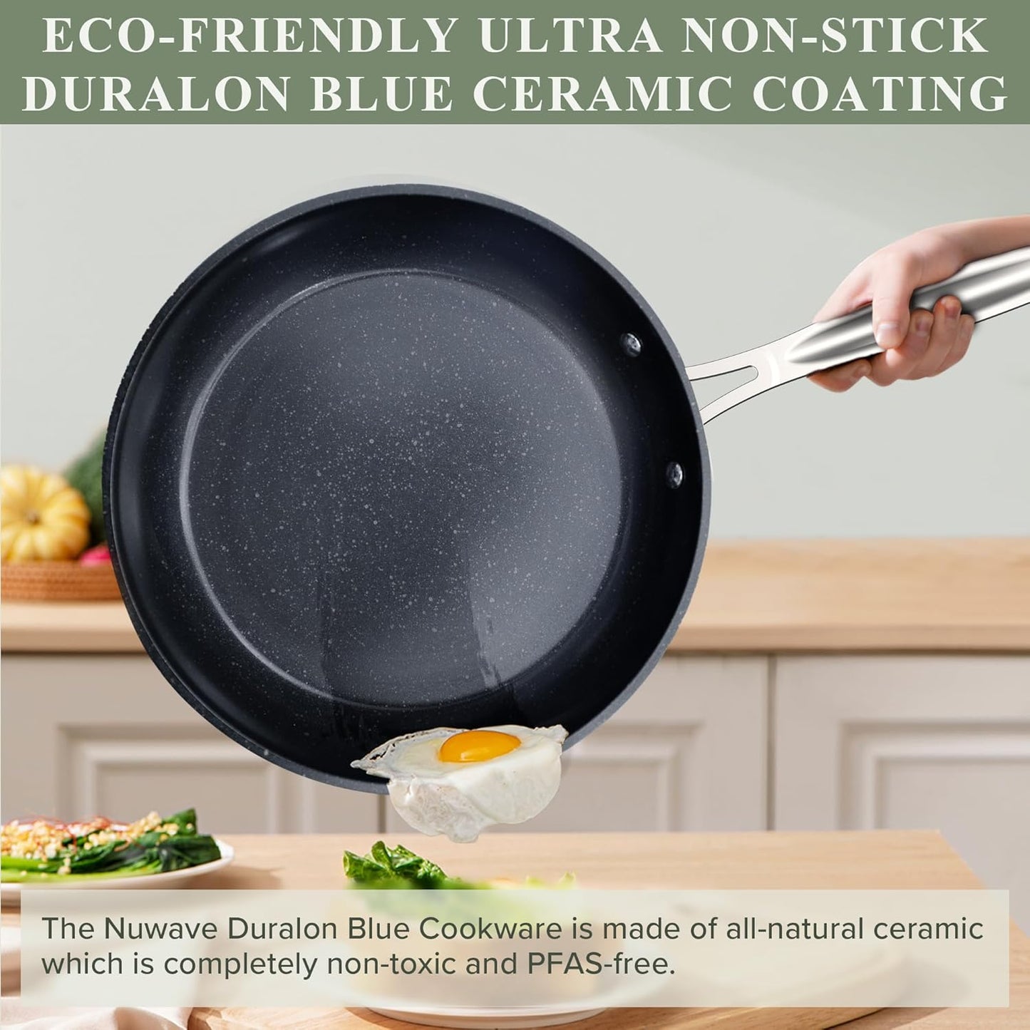 Nuwave Healthy Duralon Blue Ceramic Nonstick Cookware Set, Diamond Infused Scratch-Resistant, PFAS Free, Dishwasher & Oven Safe, Induction Ready & Evenly Heats, Tempered Glass Lids & Stay-Cool Handles