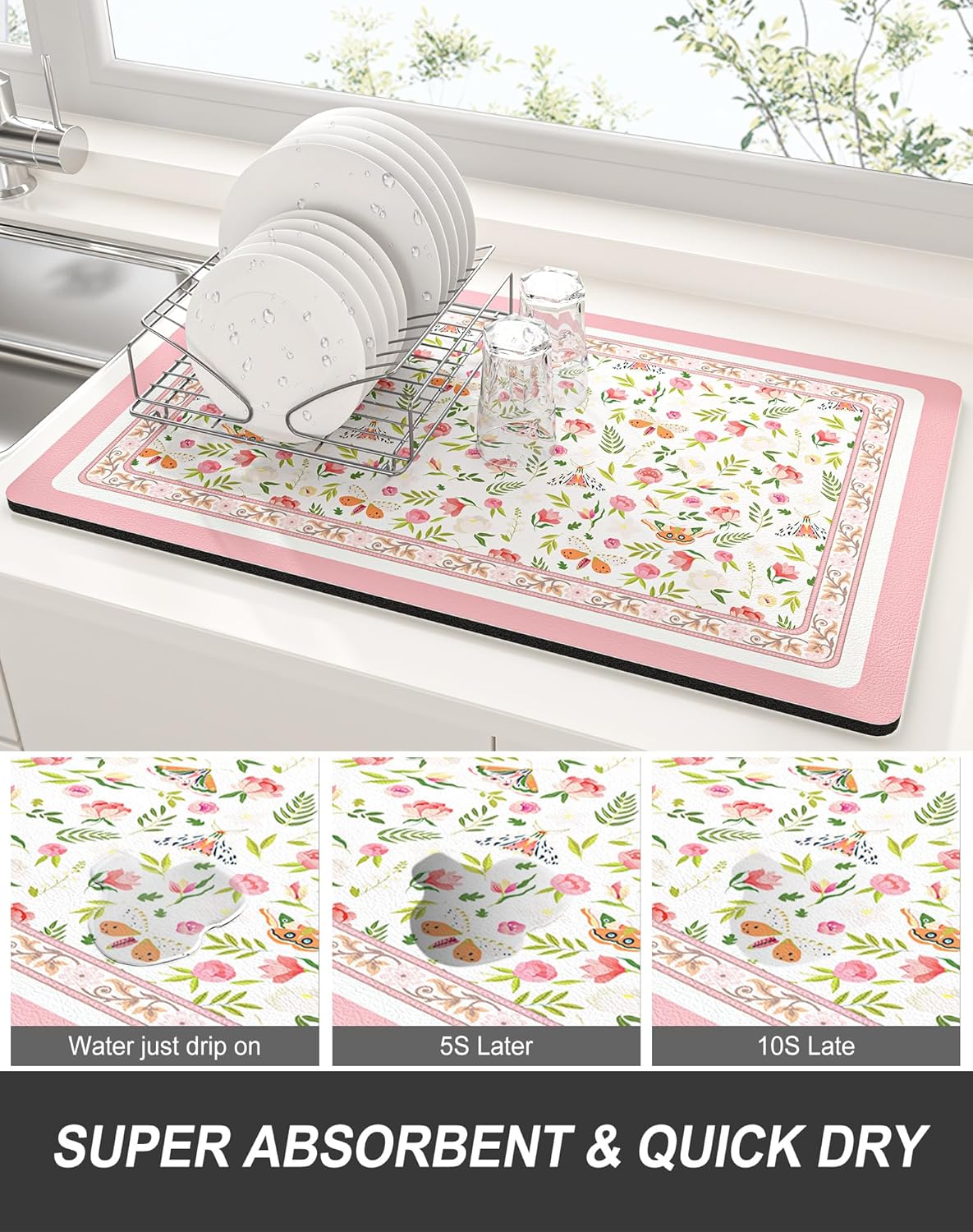 Rnivvi Dish Drying Mat for Kitchen Counter, 12 x 19" Cute Flower Theme Super Absorbent Draining Pad, Non-Slip Heat Resistant Coffee Bar Mats for Coffee Machine Station Accessories, Pink Dish Rack Pad