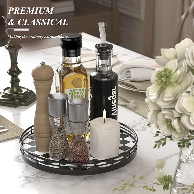 Black and White Kitchen Lazy Susan Turntable – Checkered Round Decorative Tray, 10” Table Top Oak Wood Lazy Susan for Cookies, Dining Table Organizer, Small Kitchen Table Centerpiece