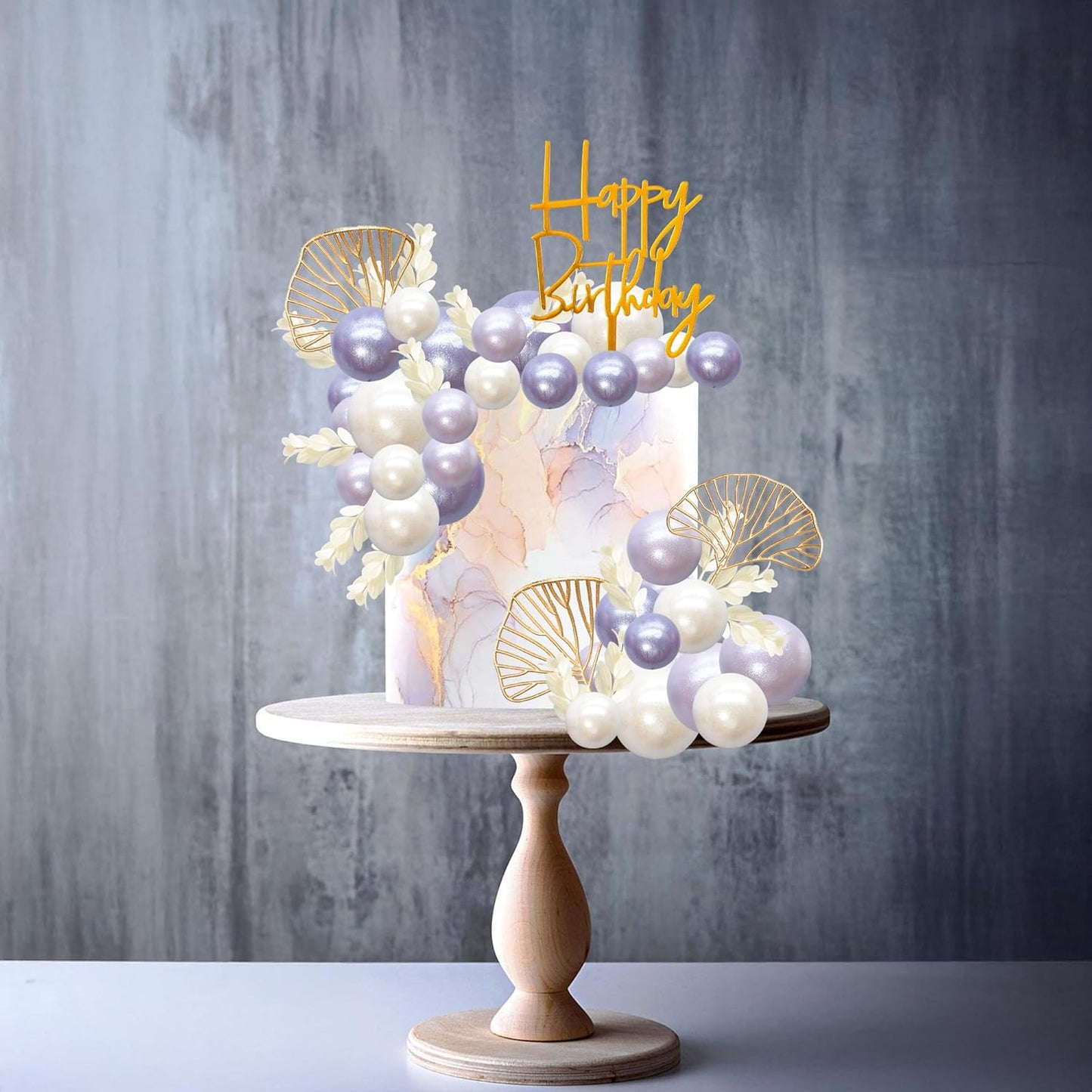 Gyufise 57Pcs Purple Balls Cake Topper Boho Grass Cake topper Pearl Balls Acrylic Happy Birthday Cake Decorations for Wedding Baby Shower Birthday Boho Themed Party Supplies Pearl Purple