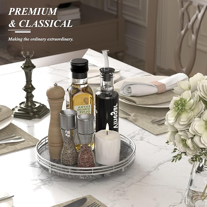 Gray Marble Lazy Susan Turntable for Table Top – 10” Round Marble Tray Organizer for Dining Table, Kitchen Countertop & Bar, Luxury Stone Serving Tray with Silver Frame