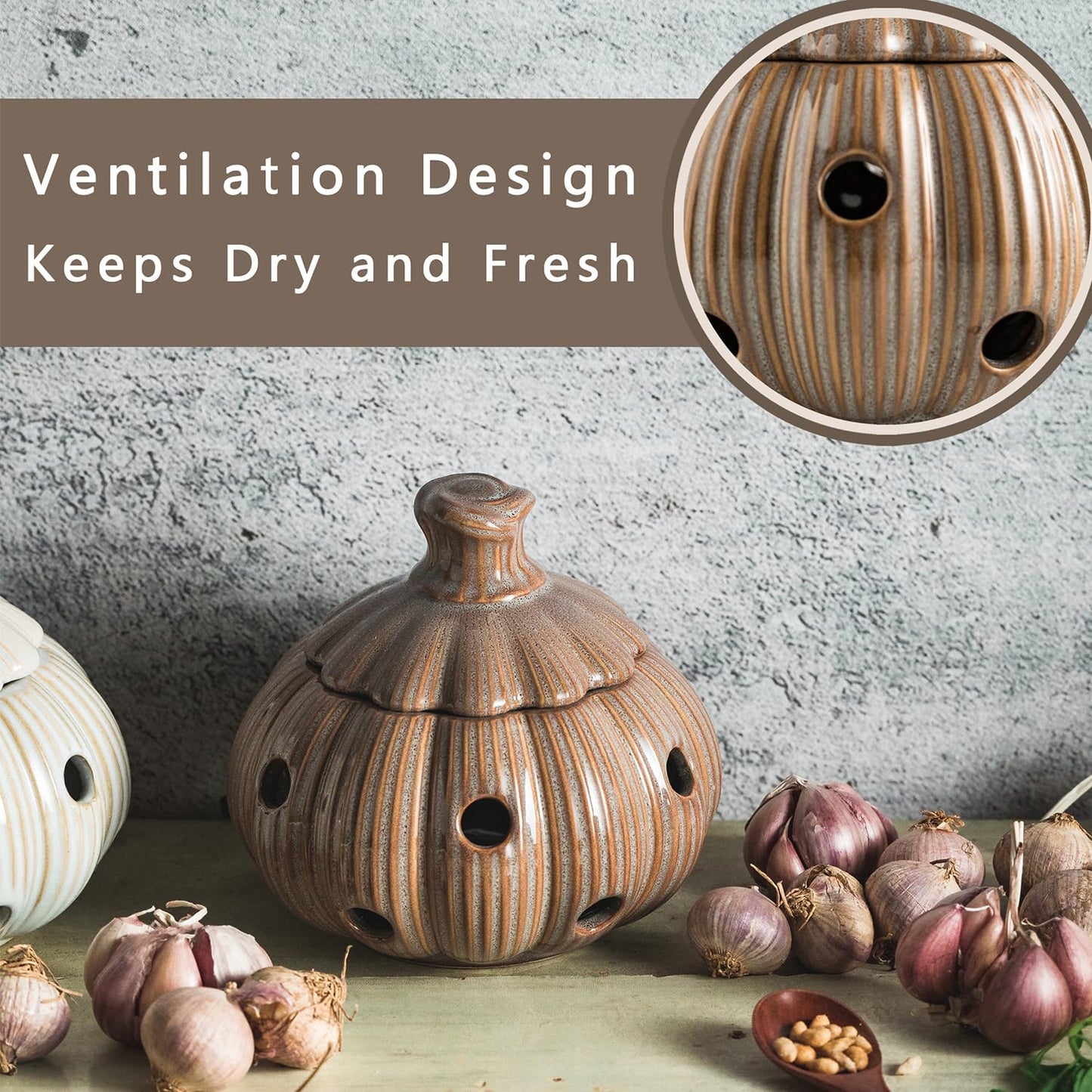 Ceramic Garlic Keeper with Lid and Holes Garlic Saver and Storage Framhouse Decor Keep Gralic Cloves Dry and Fresh, Grey