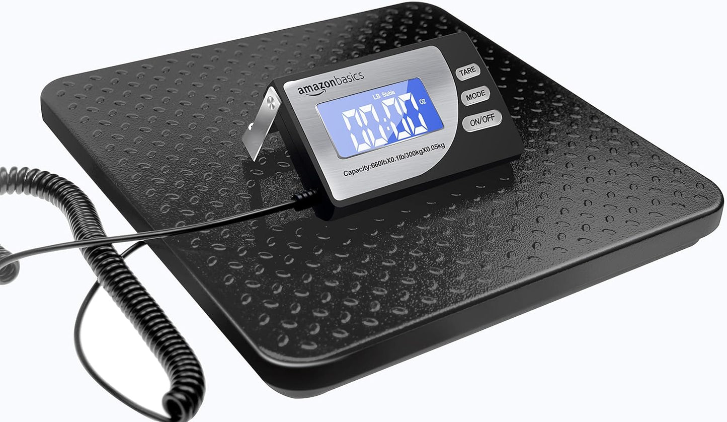 Amazon Basics Digital Postal Scale, Heavy Duty Weighing Platform for Packages, Shipping, 660 lb Capacity, 1 Ounce Readability, Portable, Black