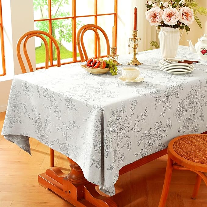 Chassic Premium Vintage Farmhouse Damask Floral 60 x 104 inch Rectangle Table Cloth – Water Resistant Linen Textured Jacquard Tablecloth for Kitchen Dining & Picnic Decor - Grey