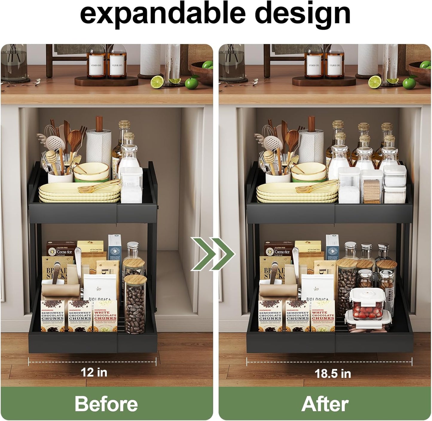 2 Tier Pull Out Cabinet Organizer ,Adjustable Width & Height,Expandable Pull-Out Drawers For Cabinets, Slide Out Shelves for Kitchen Cabinets / Countertop / Pantry,Heavy-Duty & Easy to Install(Black)