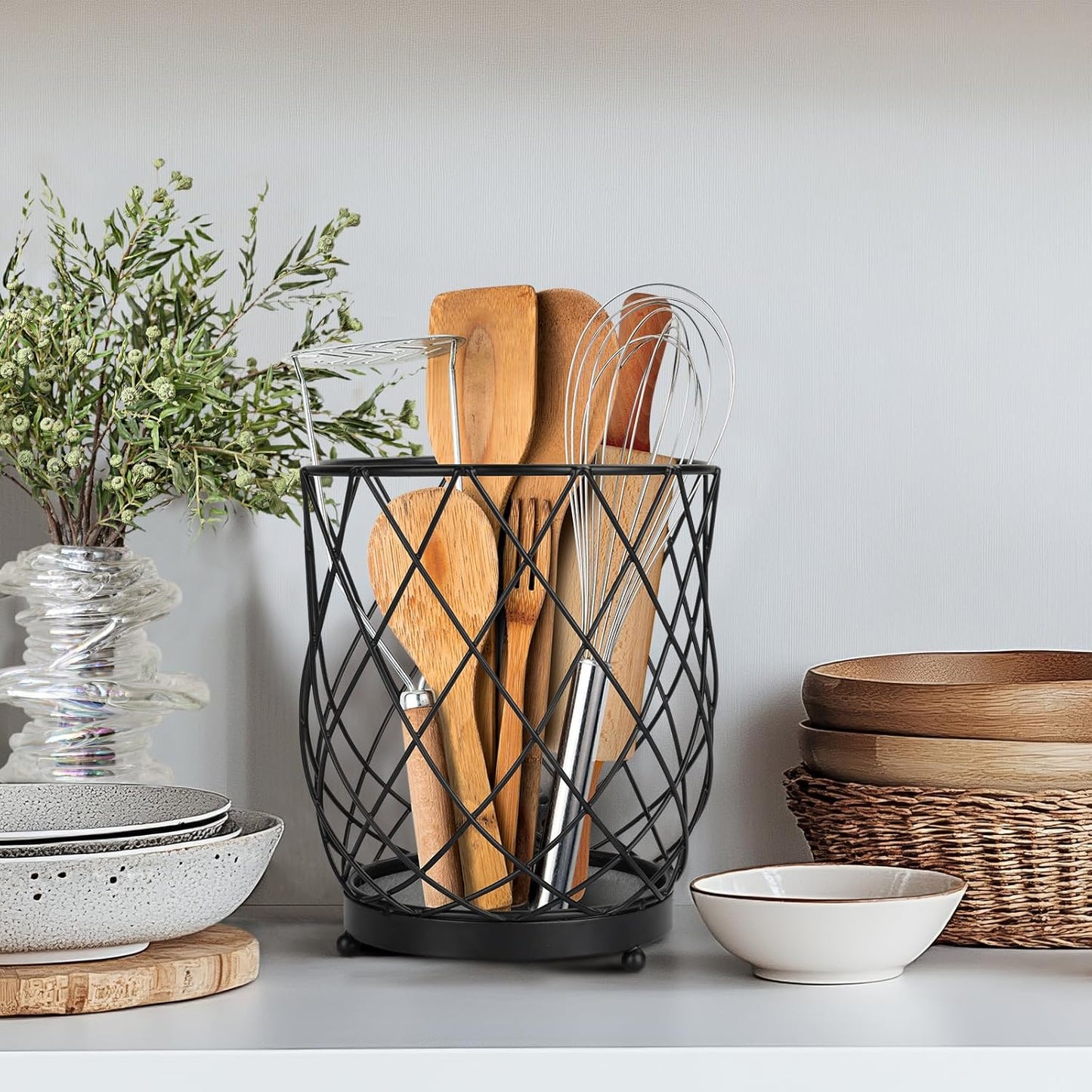 MACEVIA Utensil Holder for Kitchen Counter, Large Black Metal Organizer with Diatomaceous Earth Base, 6.3" x 5" x 7.5", Countertop Storage for Spoons, Spatulas and Cooking Utensils