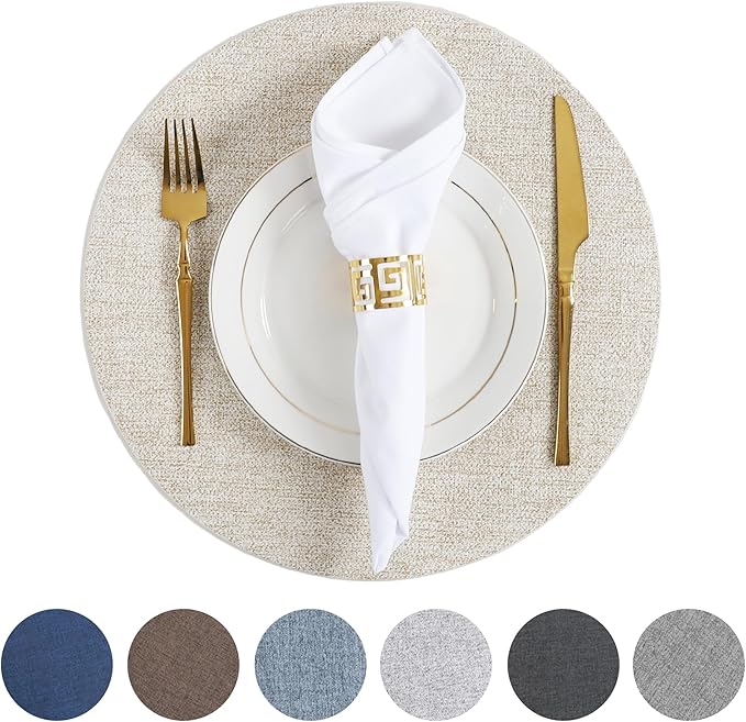 Beige Round Placemats Set of 6 Dual Sided Faux Leather Place Mats Indoor Placemats for Dining Table Outdoor Placemats Waterproofing Non-Slip Washable Table Mats 14 inch