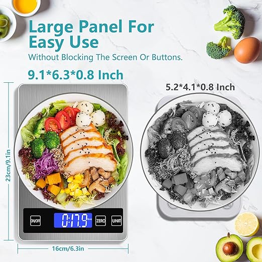 Food Scale, Digital Kitchen Scale 22lb/10kg Steel and Tempered Glass with 1g/0.1oz Precision, Tare & 10 Units, LCD Display for Baking, Cooking, Meal Prep, Coffee, Postage Silver