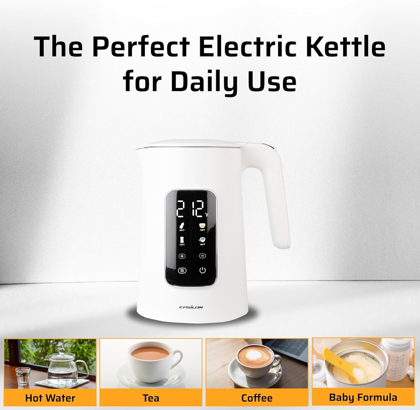 Epsilon LCD Electric Kettle 1500W - 1.7L Hot Water Tea Kettle with Digital Display, Temperature Control, Fast Boil, BPA-Free Electric Teapot with Auto Shut-Off & Boil Dry Protection