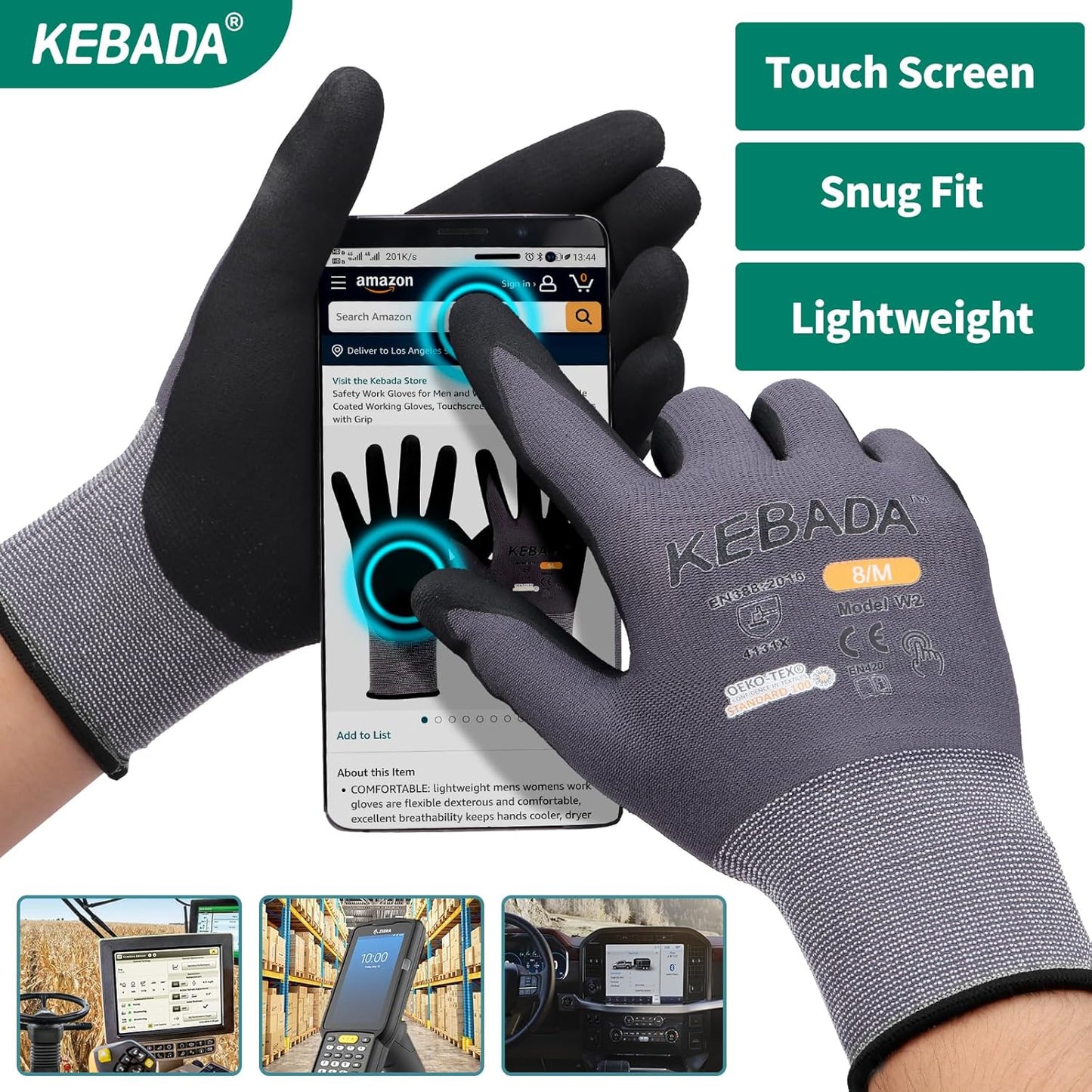 Kebada W2 Safety Work Gloves, Micro-Foam Nitrile Coated Gloves, Touchscreen,Ideal for Package Handling, Gardening, Construction, 1 Pair XX-Large