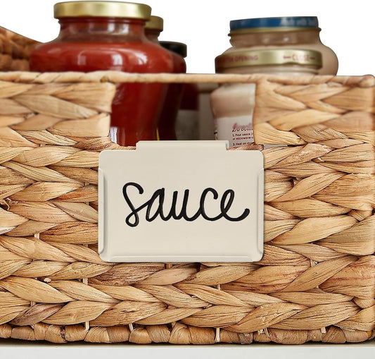 Basket Labels Clip on | Label Holders for Basket or Storage Bins Includes White Chalk Markers (8 Cream Holders + 2 Black Chalk Makers)