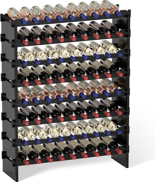 Domax Wine Rack Freestanding Floor - 8 Tiers Wine Bottle Holder 72 Bottle Stackable Bamboo Wooden Storage Racks Shelves for Kitchen, Bar, Pantry and Cellar (Black)