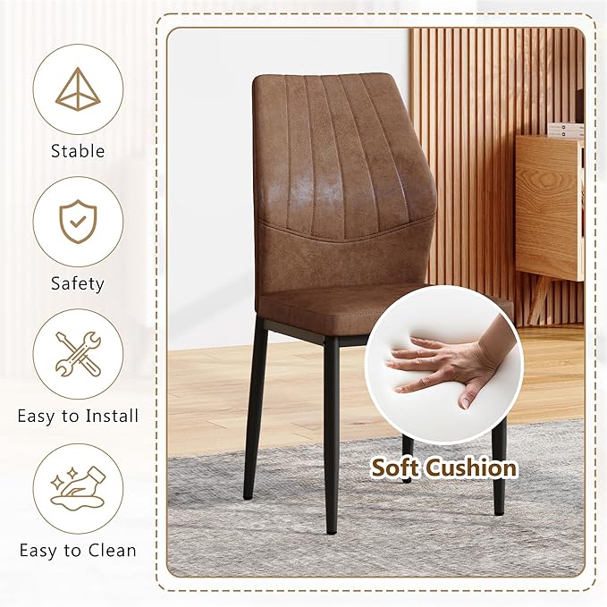 Brown Dining Chairs Set of 8,Rusic Farmhouse Upholstered Kitchen Chairs with Soft Cushion and Black Metal Legs,Mid Century Modern Dining Room Chairs,Easy to Assemble and Comfortable Seating