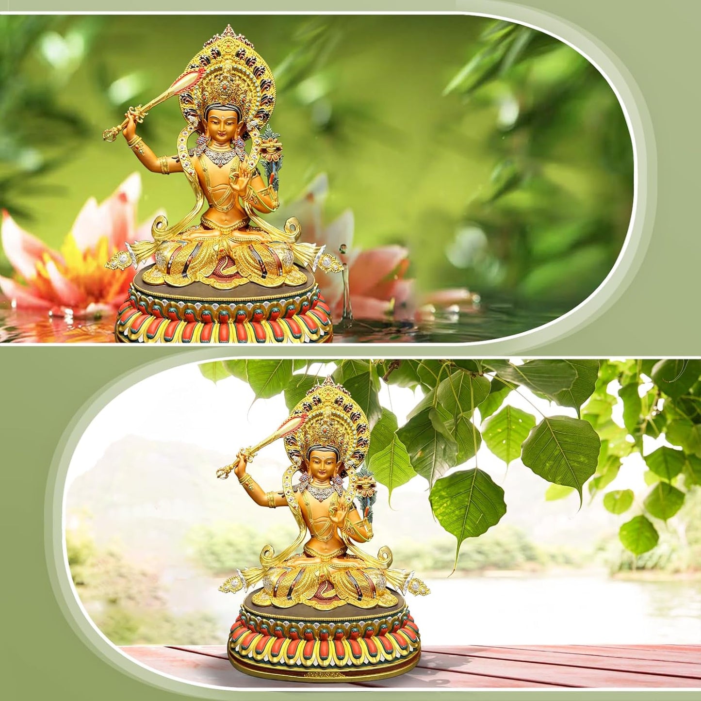 Buddha Statue Indoor, Buda Sculpture for Home Decor, Hand-Painted Colored Buddhist Budda, Nepalese Craft Handmade Tibetan Buddhism Meditation Copper (Manjushri, 14.17")