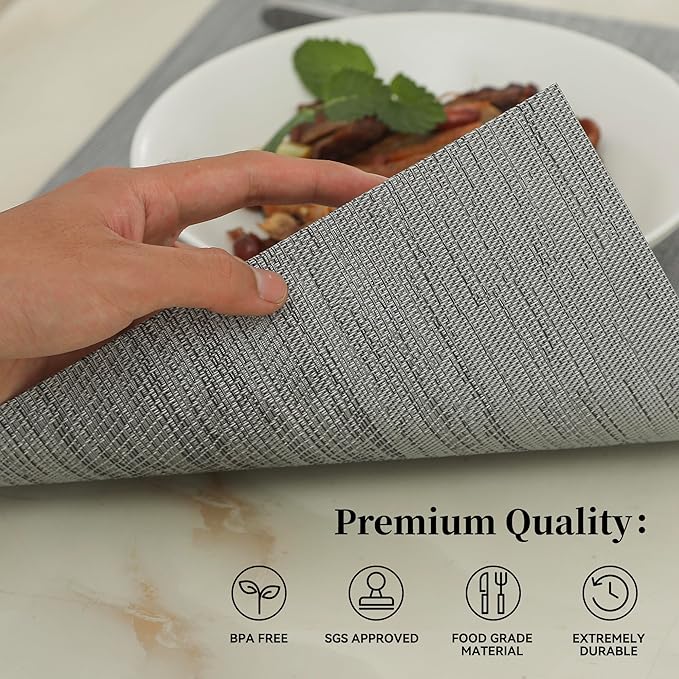 Leetaltree Grey Placemats, Heat Resistant Non-Slip Place mats for Dining Table, Washable Durable PVC Vinyl Woven Table Mats (Set of 4)