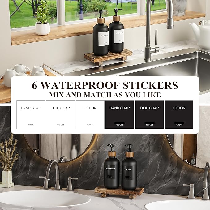 Cisily Black Soap Dispenser Set with Wooden Tray, Dish and Hand Soap Lotion Dispenser Set with Wooden Pump for Kitchen and Bathroom Decor for Counter, Modern Vintage Liquid Soap Dispensers