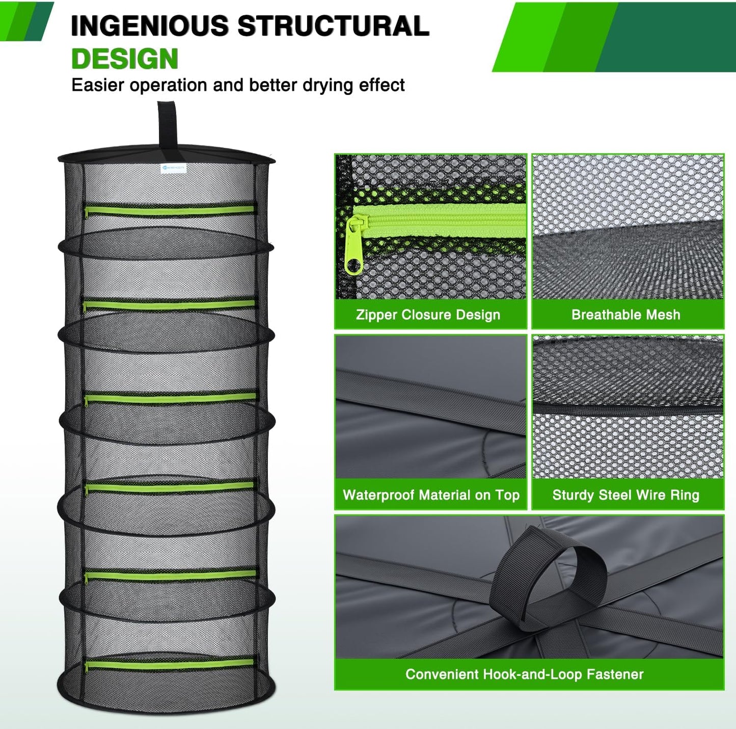 Yesker 6 Layer Herb Drying Rack Hanging Mesh Net Foldable Plant Drying Racks 24" w Green Zipper Pruning Shears Dryer Hanging Rack for Herbs Seed Bud Fruit Clothes Grow Tent Closet Garden Outdoor 2 PCS