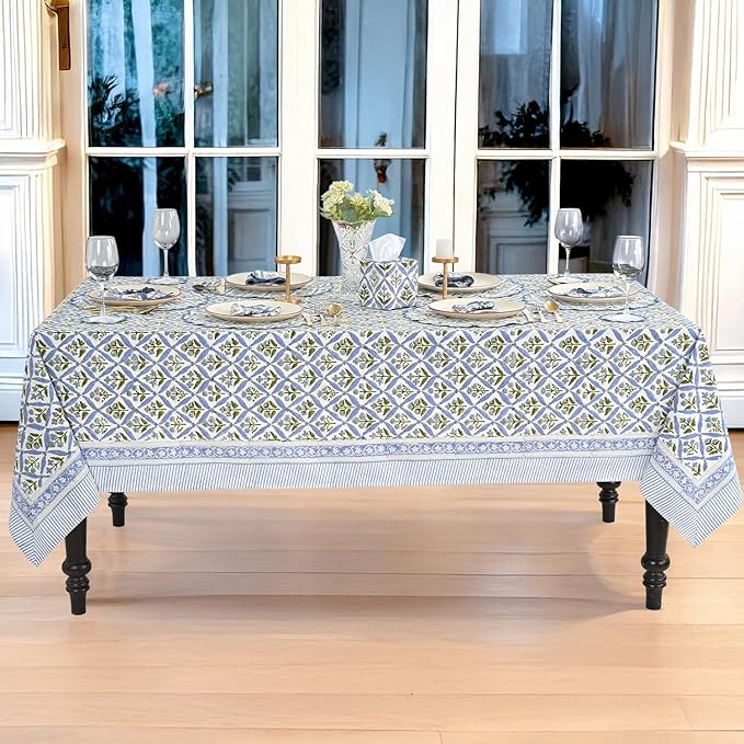 Ridhi Light Steel Blue Hand Block Print Cotton Rectangle Tablecloth 108 x 70 inches Reusable Table Cover Decorative Everyday Use for Dining Room, Farmhouse, Home, Party, Festive & Wedding, Fall