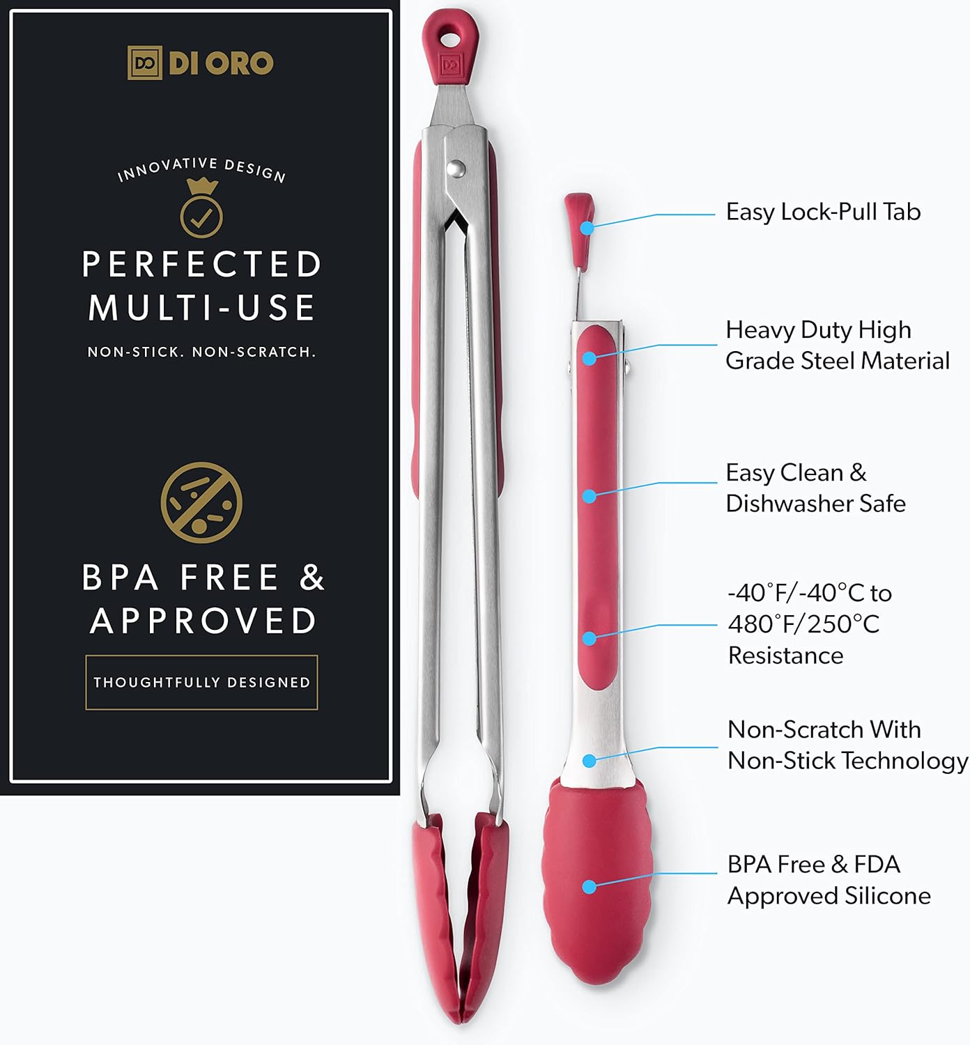 New DI ORO 2-Piece Kitchen Tongs Set (9-Inch and 12-Inch) – Stainless Steel with Non-Stick 480F Heat-Resistant Silicone Tips – Great Tool for Cooking, Serving, and Barbecuing - Dishwasher Safe (Red)