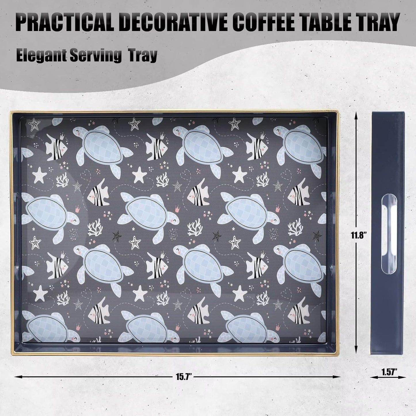 Spsyrine Decorative Serving Tray with Handles, Blue Lacquered Coffee Table Tray for Ottoman, Rectangle Waterproof Platters for Centerpieces, Parties, Living Room, Kitchen Counter Organization Turtle