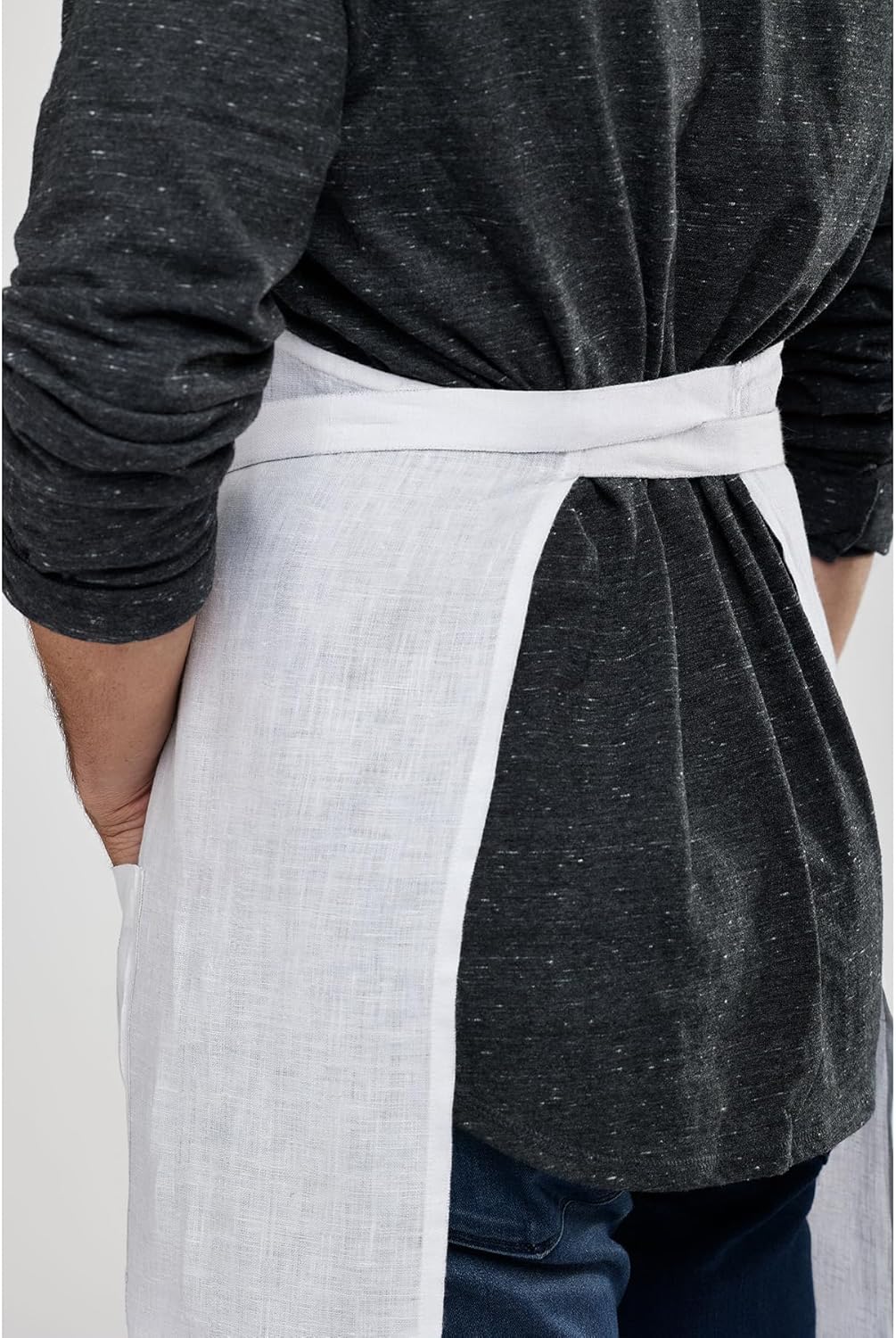 Solino Home 100% Pure Linen Apron for Women & Men - White Stripe Full Midi Bib Apron, Adjustable Neck Strap with Center Pockets for Kitchen, Chef - Handcrafted from European Flax