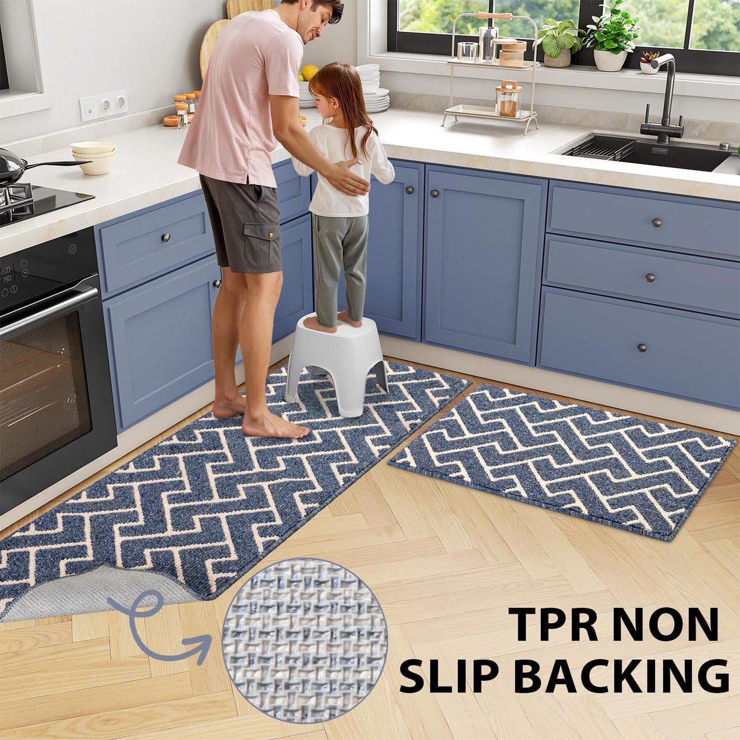 hicorfe Kitchen Rugs and Mats Sets,Non-Slip 2 Pieces Absorbent 100% Polypropylene Rug,Comfort Kitchen Runner Mat,Washable for Kitchen,Sink,Laundry(20" x 31.5" Plus 20" x 48",Navy Blue)