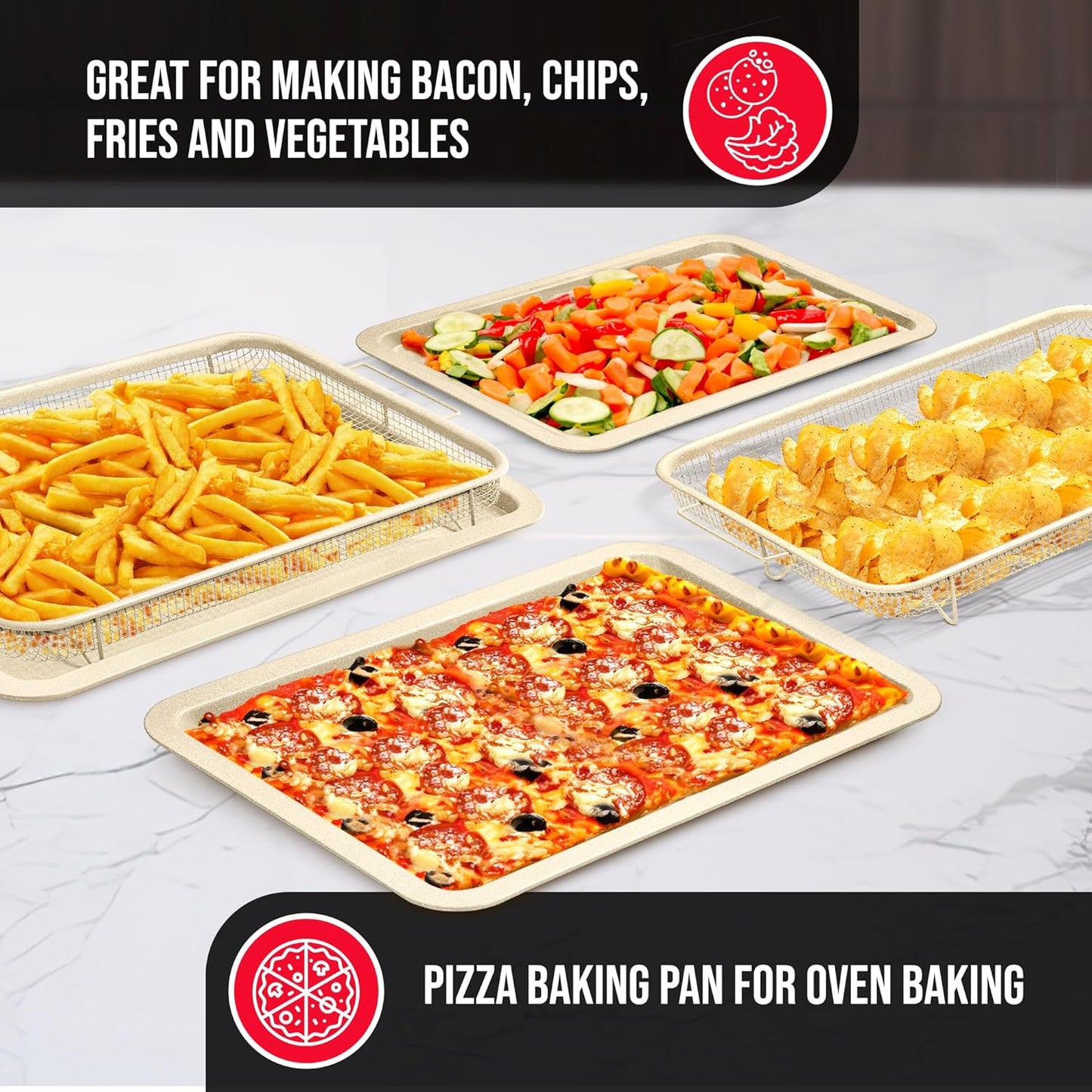 Bakken-Swiss Crisper Tray White marble Coating - 2-Piece Set, Non-Stick Basket Design for Healthier Cooking in Regular Ovens - Make Great Crispy Food, Bacon and More, Extra Large Size 19" x 13"
