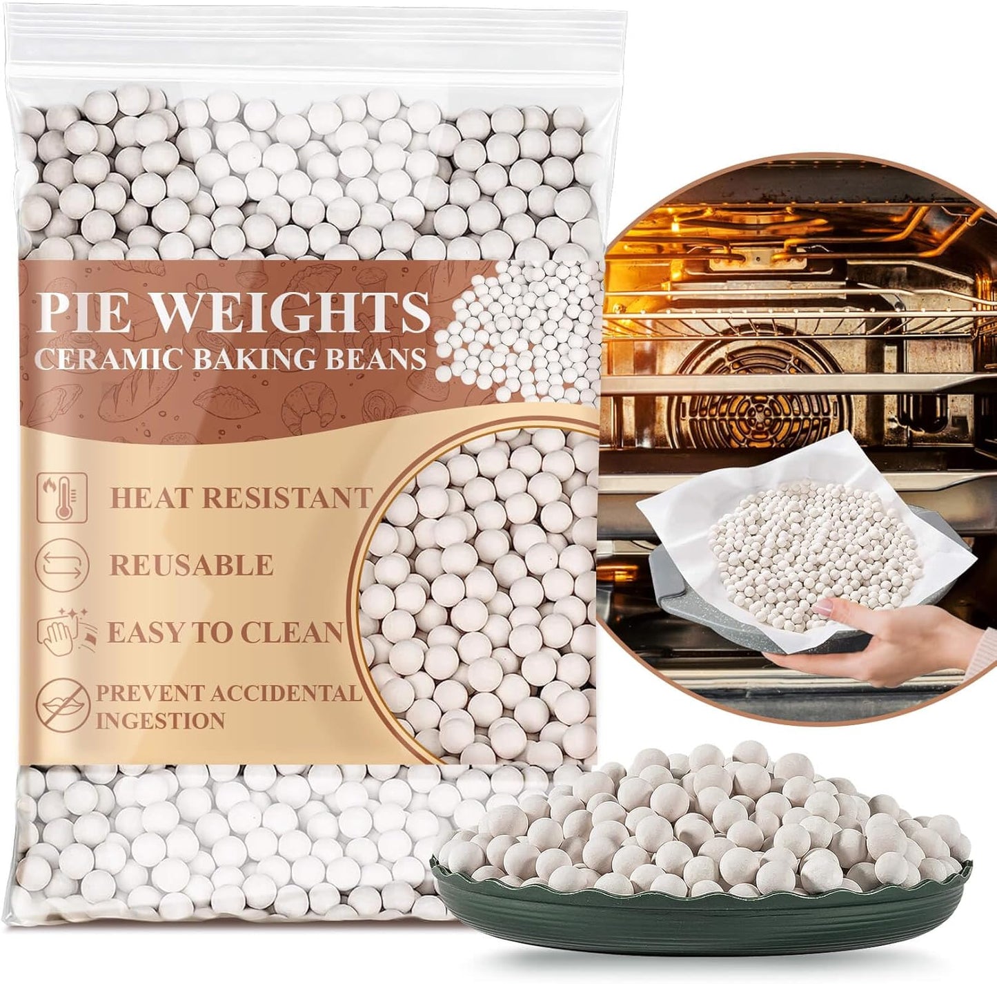 Sukh 1LB Pie Weights for Baking - Pie Crust Weights Ceramic Baking Beans for Reusable Natural Ceramic Stoneware Homemade Kitchen Must Have Round Household Steam Oven Stone