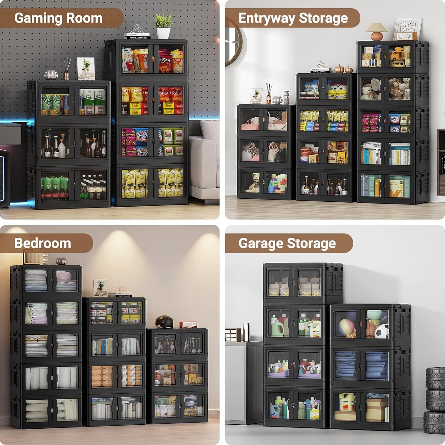 575Qt Stackable Storage Bins with Individual Lids & Wheels, Large Plastic Collapsible Latching Boxes Closet Organizers and Storage Cabinet Shelves Units for Home Kitchen Dorm, 5-Pack Black