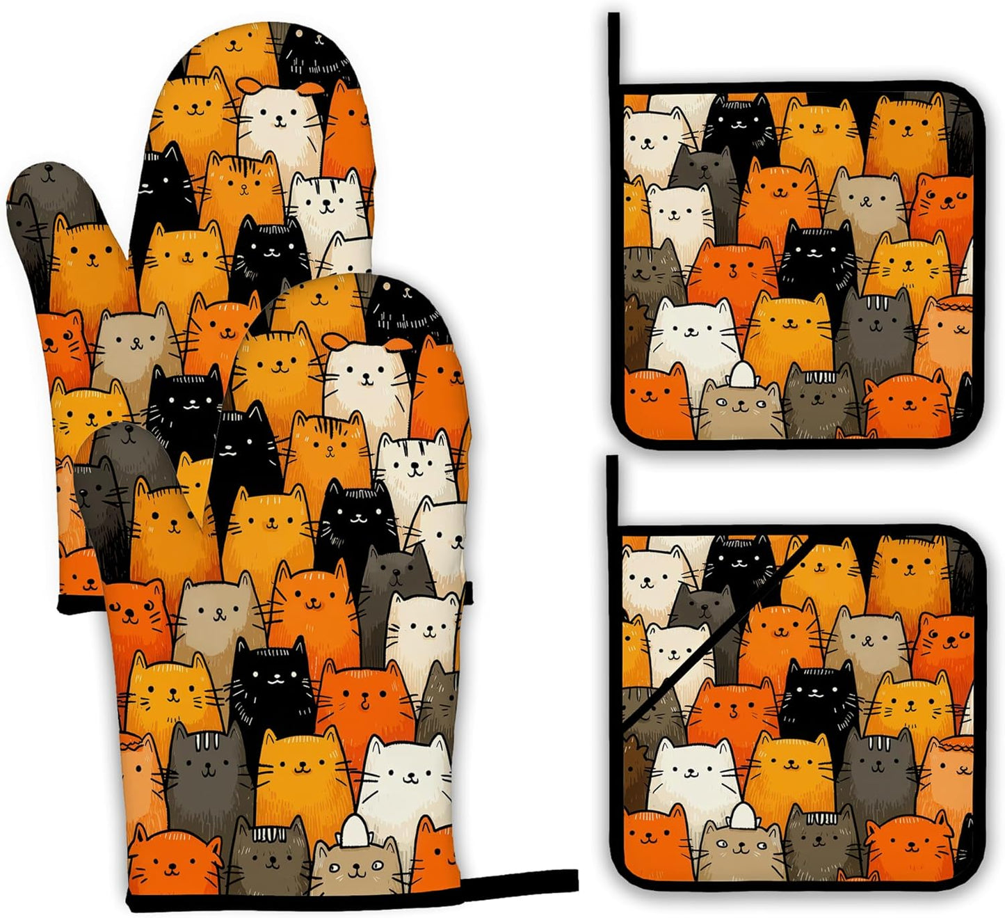 Funny Cute Cat Oven Mitts and Pot Holders Set,Kitchen Decor Heat Resistant Non Slip Hot Pads and Oven Mitt for Chef Cooking Baking BBQ Mom Girl Gifts(4 Piece Set)