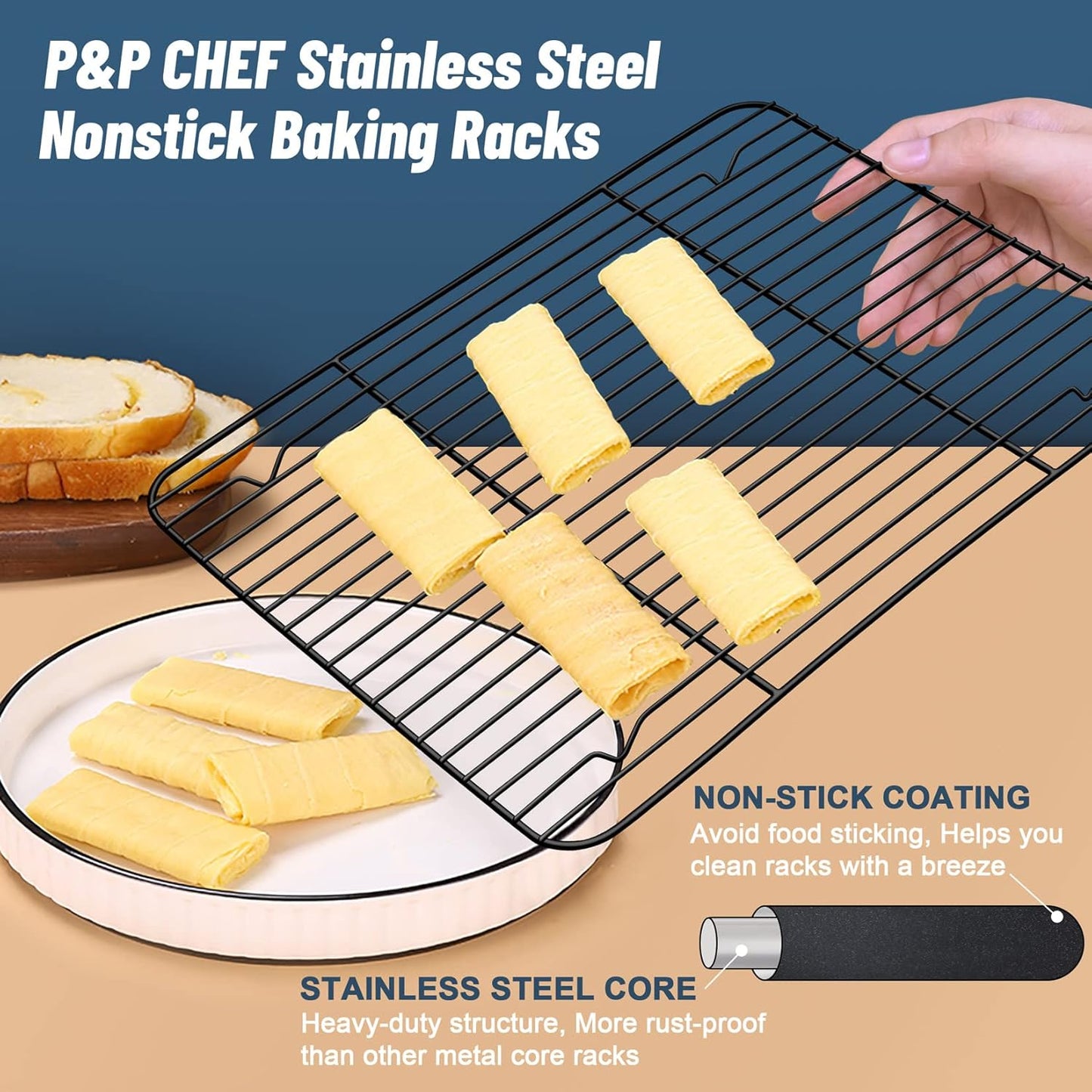 P&P CHEF Cooling Baking Rack Pack of 2, Stainless Steel Cooling Racks for Cooking Baking Roasting Grilling Drying, Dense Wires & Smooth Edge, Easy to clean, Black,11.6" x 9"