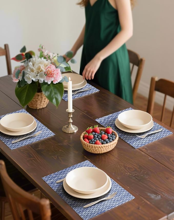 Leetaltree Blue Placemats Set of 12 - Heat Resistant Non-Slip Place mats for Dining Table, Washable Durable PVC Vinyl Woven Table Mats（Blue Zigzag, 12）