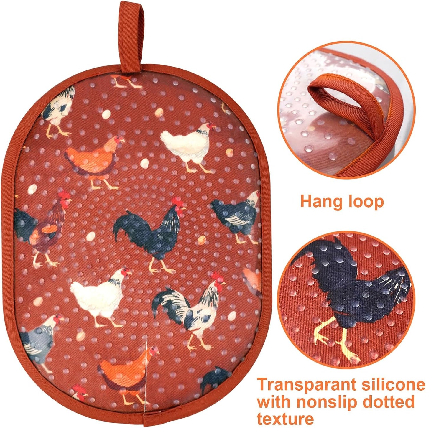 Pot Holders Set of 2 with Transparent Clear Silicone Shell and Nice Dog Flower Cotton Lining, Heat Resistant to 500 F Kitchen Oven Gloves Pot Holder for Cooking (Rooster, Potholders)