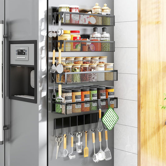 Magnetic Spice Rack for Refrigerator, 5 Pack Magnetic Shelf, Moveable Magnetic Fridge Organizer with an 8-Hook Rack, Seasoning Organizer for Kitchen Organization (Extra with 8 Hooks)