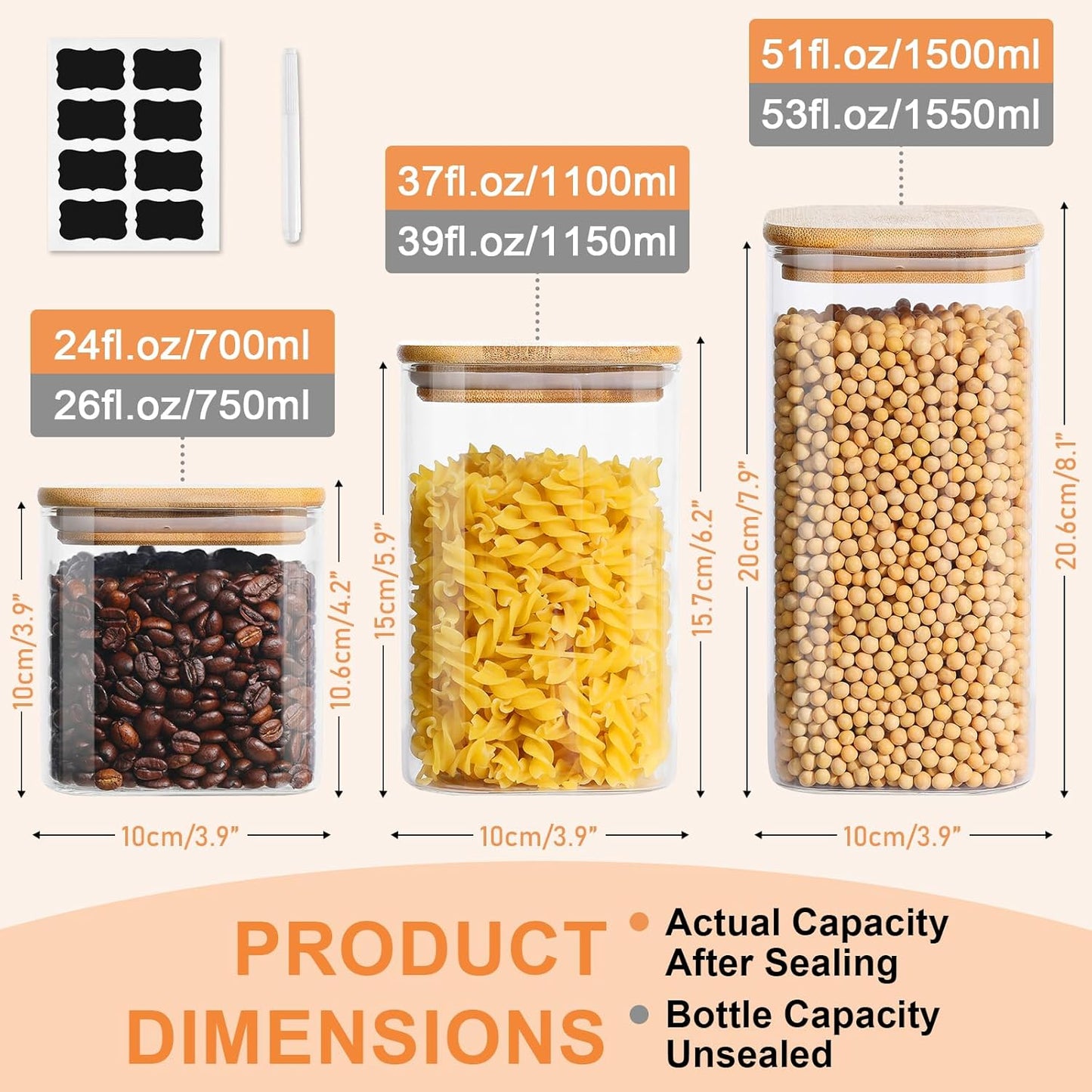 Glass Food Storage Jars with Lids(24oz/37oz/50oz)Square Set of 6 ,Glass Storage Containers Clear Glass Food Canister with Bamboo Lid Airtight For Serving Tea, Coffee Beans, Candy,Spice and More