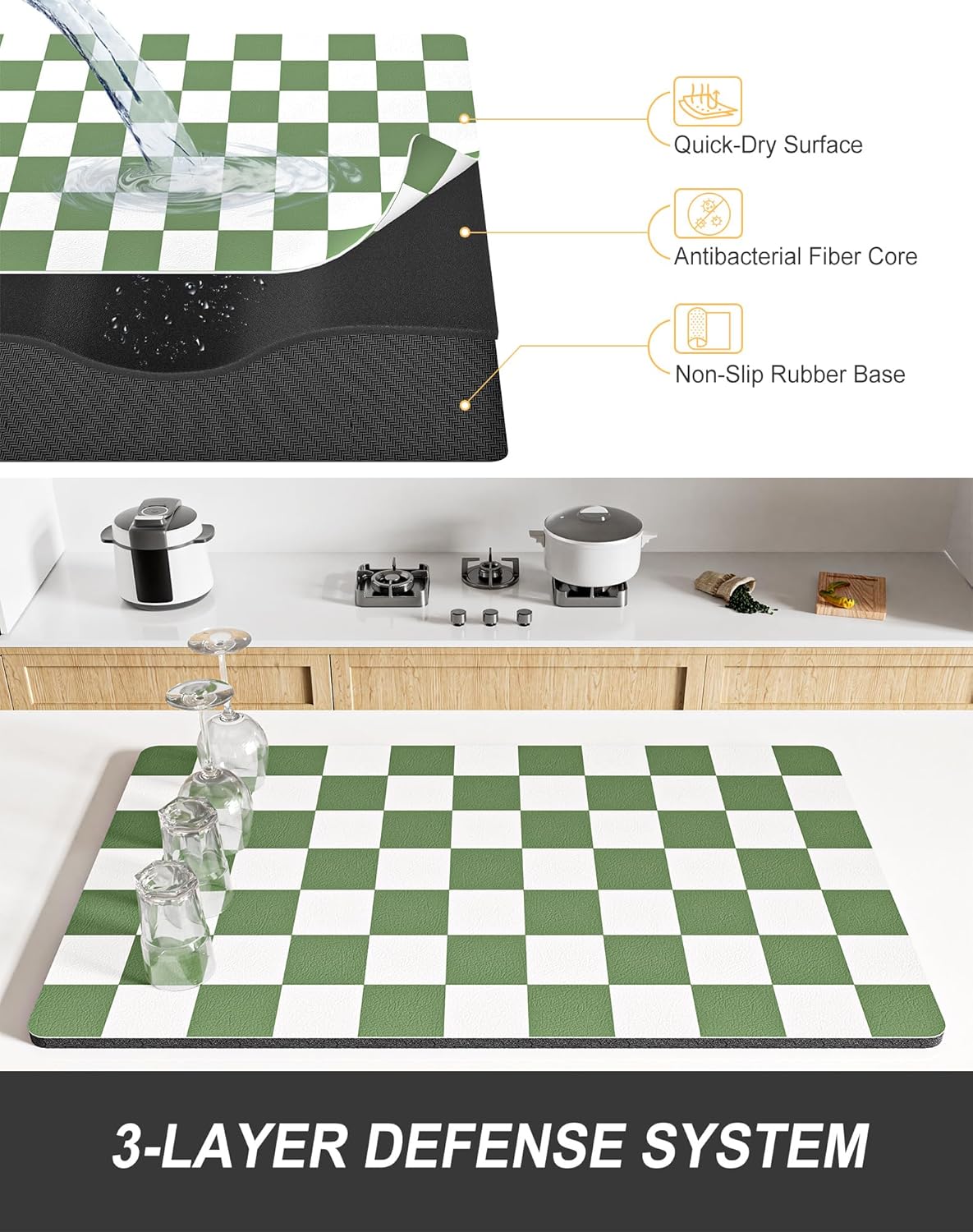 Rnivvi Dish Drying Mat for Kitchen Counter, XL 15 x 24" Cute Checkered Absorbent Draining Pad, Non-Slip Heat Resistant Coffee Bar Mat for Coffee Machine Station Accessories, Green White Dish Rack Pad